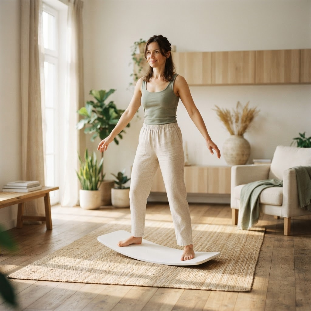 A calm woman standing barefoot on a matte-white Kiwii balance board in a sunlit minimalist living room